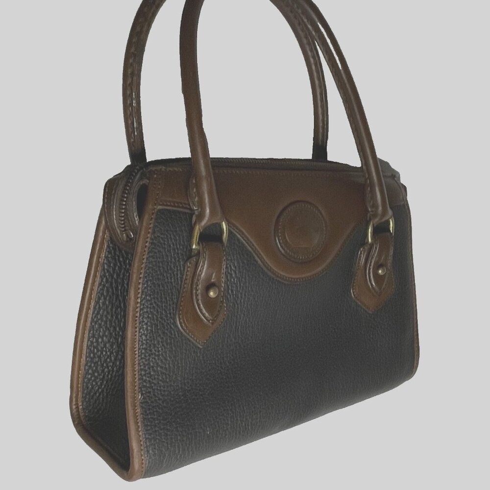 Vtg Dooney & Bourke Black Brown Purse Handbag Satchel All Weather Leather USA
